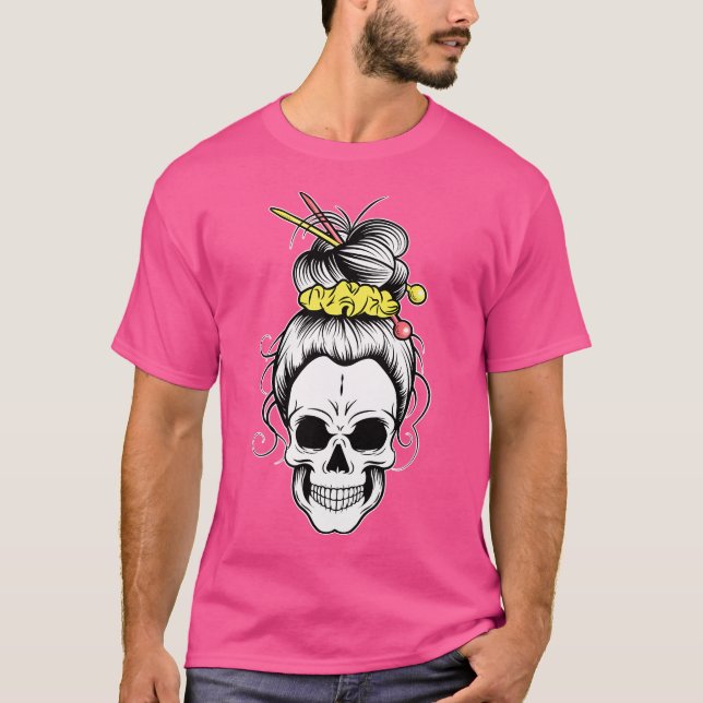Camiseta Messy Bun Skull Shirt Women'S Grandma Knitting Hal (Anverso)