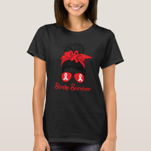 Camiseta Messy Bun Stroke Survivae Awareness Red Ribbon Bra