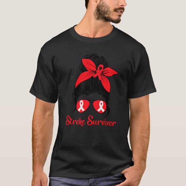 Camiseta Messy Bun Stroke Survivae Awareness Red Ribbon Bra (Anverso)