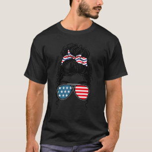 Camiseta Messy Bun Usa Flag Glasses 4th Of July Patriotic F