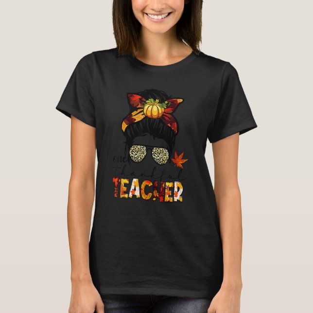 Camiseta Messy Bun Women Leopard One Thankful Teacher Thank (Anverso)