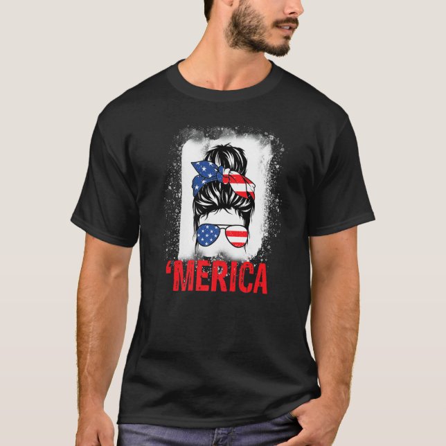 Camiseta Messy Hair Bun 'merica Sunglasses 4th Of July (Anverso)