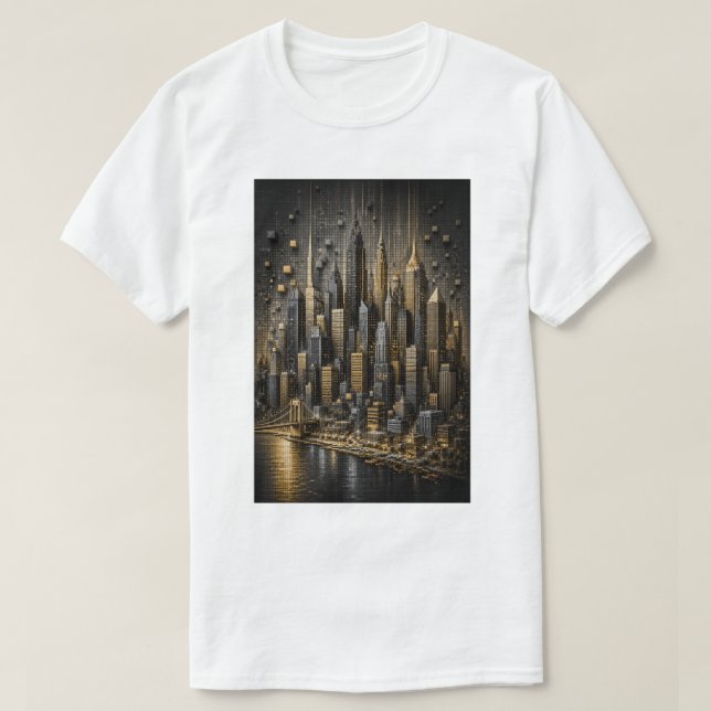 Camiseta Metrópolis Dorada | 3D Micro Mosaico de Horizonte (Diseño del anverso)