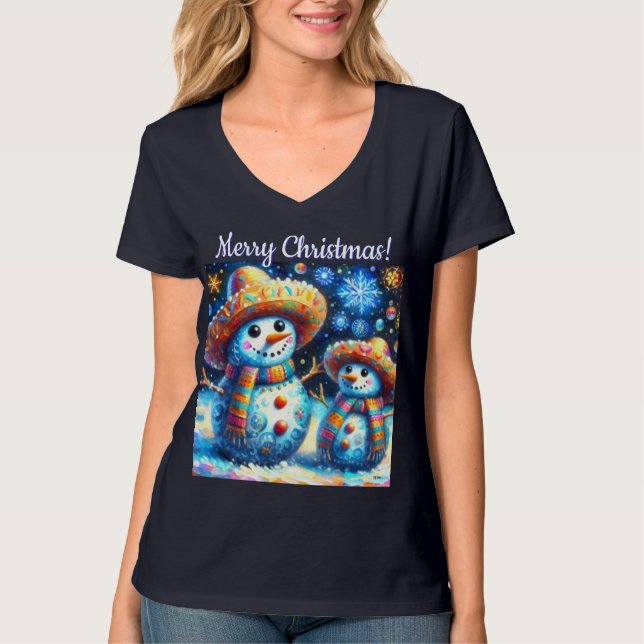 Camiseta Mexican Folk Art Snowmen Snowman Personalized (Anverso)