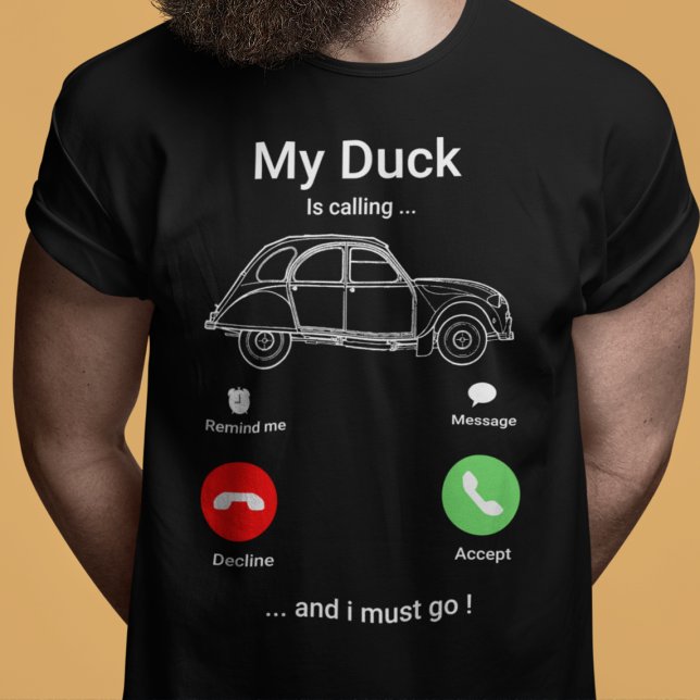 Camiseta Mi Pato Está Llamando | Gracioso Smartphone Oldtim (2CV T-Shirt in Black with a Red Green and White Smartphone Illustration)