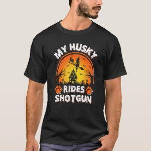Camiseta Mi perro Husky monta con la bruja con escopeta Hal