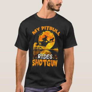 Camiseta Mi perro Pitbull monta escopeta con bruja en Hallo