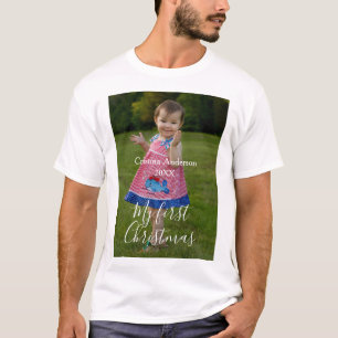 Camiseta mi primer nombre de foto de bebé de Navidad año si