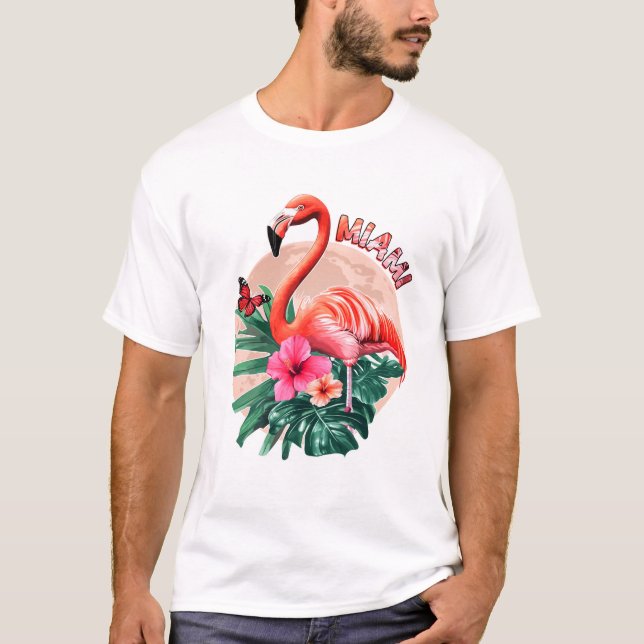 Camiseta Miami Beach Florida Flamingo Sunset Flores Miami (Anverso)