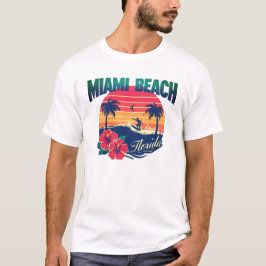 Camiseta Miami Beach Surfer Sunset Hibiscus Florida Travel