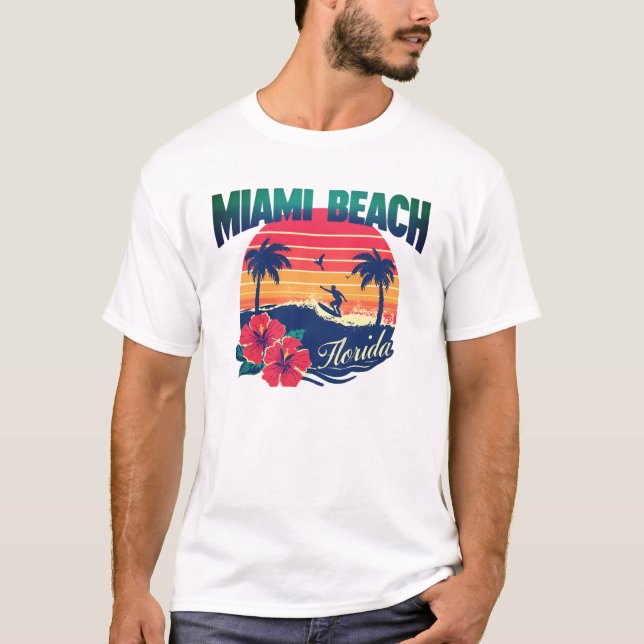 Camiseta Miami Beach Surfer Sunset Hibiscus Florida Travel (Anverso)