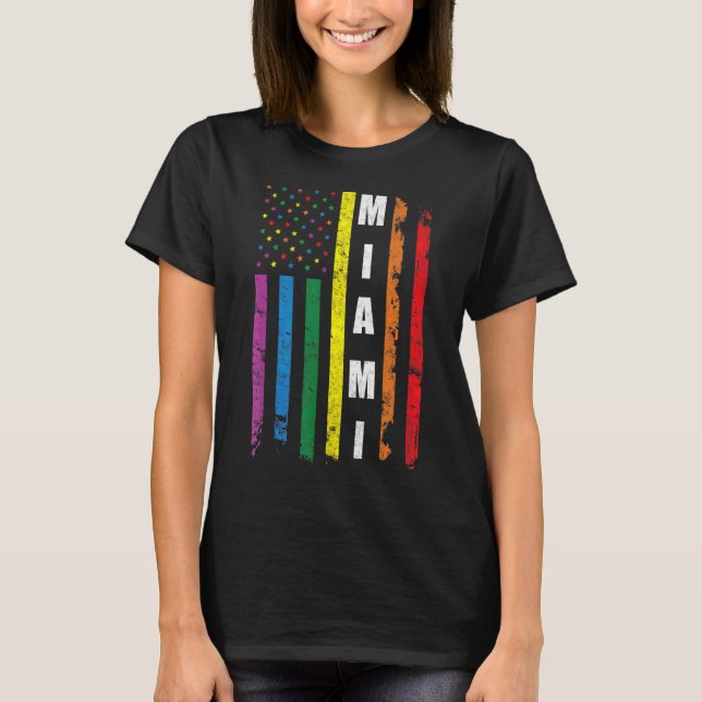 Camiseta Miami Florida Bandera Estadounidense Rainbow Gay L (Anverso)