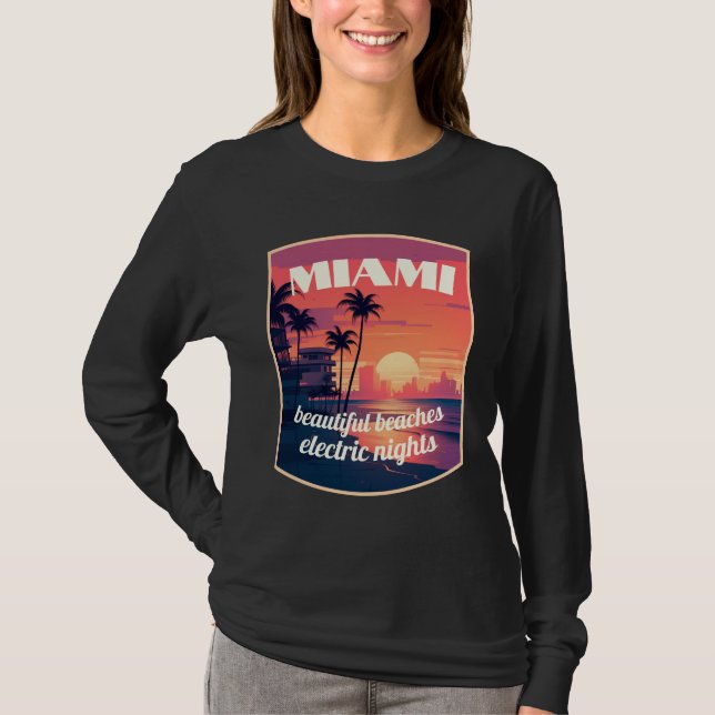 Camiseta Miami: hermosas playas, noches eléctricas (Anverso)