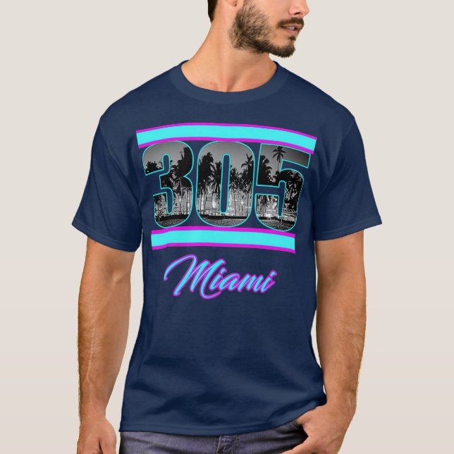 Camiseta Miami Retro 305 South Beach View 80s Pink  Blue (Anverso)