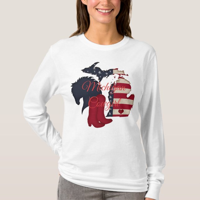 Camiseta Michigan Cowgirl | Boots de caballos Patriotic Mic (Anverso)