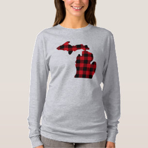 Camiseta Michigan Red-Black Plaid Map Long Sleeve Tee