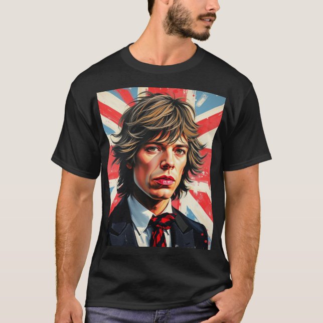 Camiseta Mick Jagger Rolling Stones delante de una bandera  (Anverso)