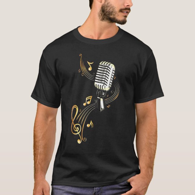 Camiseta Micrófono De Música Retro Con Notas Musicales Y Cl (Anverso)