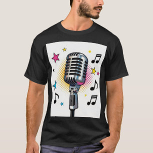 Camiseta Micrófono pop con estrellas coloridas y notas musi