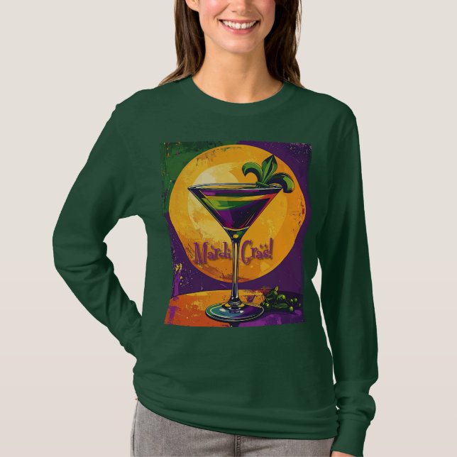 Camiseta Mid Century Mardi Gras Sunset Fleur De Lis Martini (Anverso)