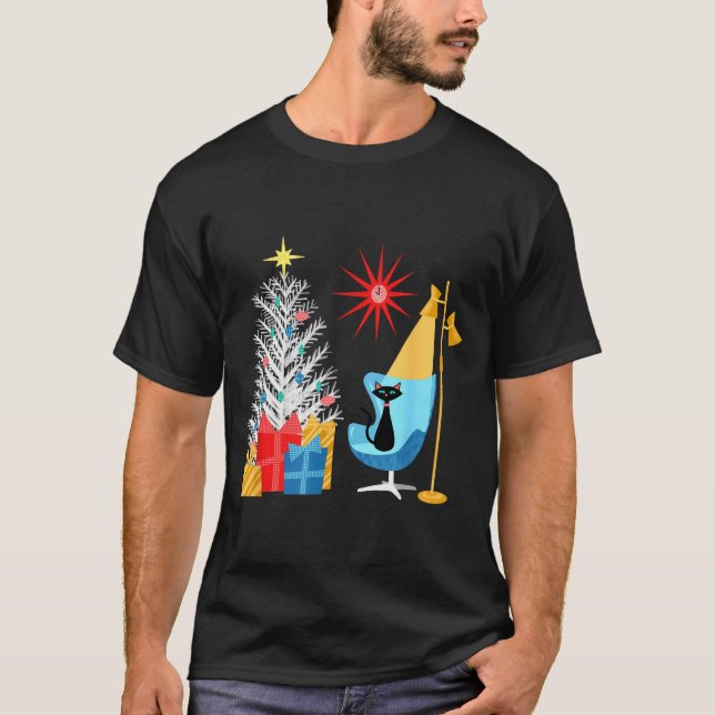 Camiseta Mid-century Modern Christmas Tree And Cat In Retro (Anverso)