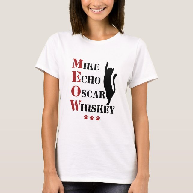 Camiseta Mike Echo Oscar Whiskey MEOW Cat (Anverso)