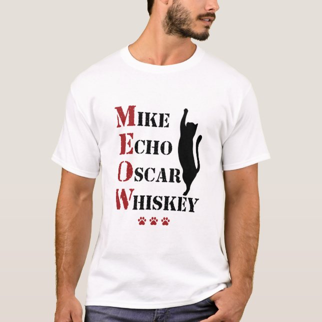 Camiseta Mike Echo Oscar Whiskey MEOW Cat (Anverso)