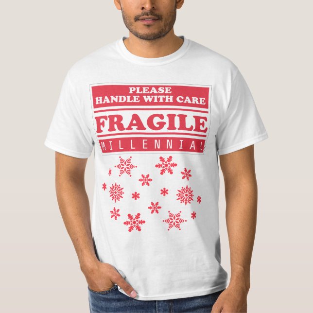 Camiseta Milenio Frágil, Manejo Con Cuidados Copos De Nieve (Anverso)