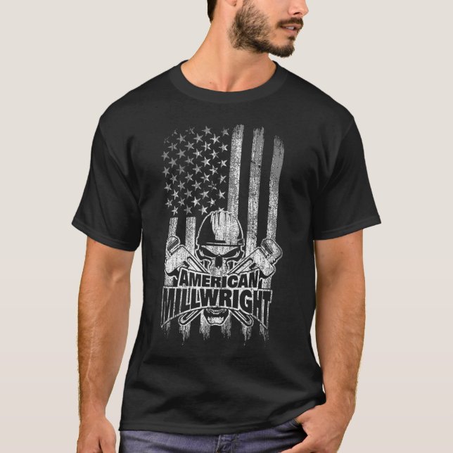 Camiseta Millwright  Skull and Wrenches American Flag  (Anverso)