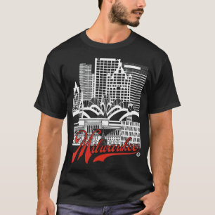 Camiseta Milwaukee Skyline cuadrado blanco+rojo sobre negro