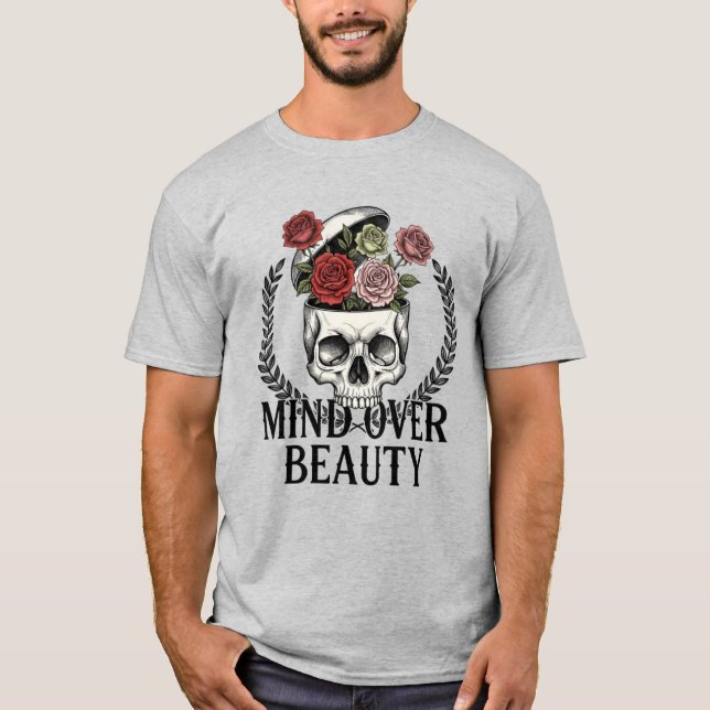 Camiseta ​Mind Over Beauty Floral Skull Surreal Art T-Shirt (Anverso)