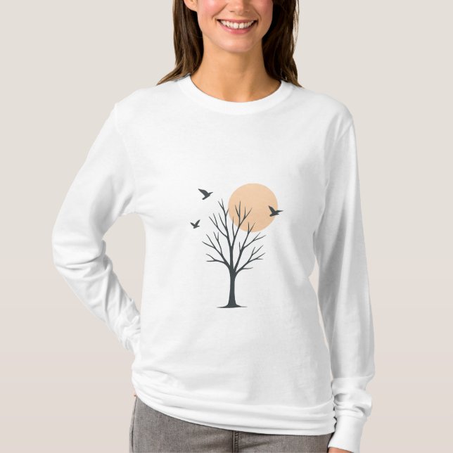 Camiseta Minimal Tree & Birds Sunset Women’s T-Shirt (Anverso)
