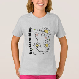 Camiseta Minimalist Aesthetic Hello Spring Cat & Daisy 