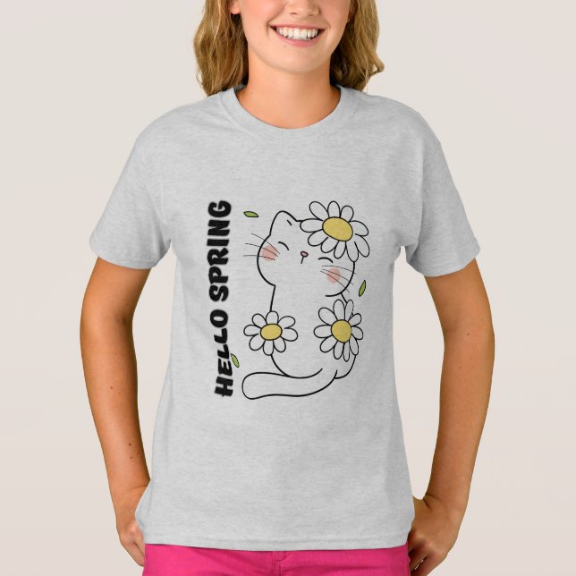 Camiseta Minimalist Aesthetic Hello Spring Cat & Daisy  (Anverso)