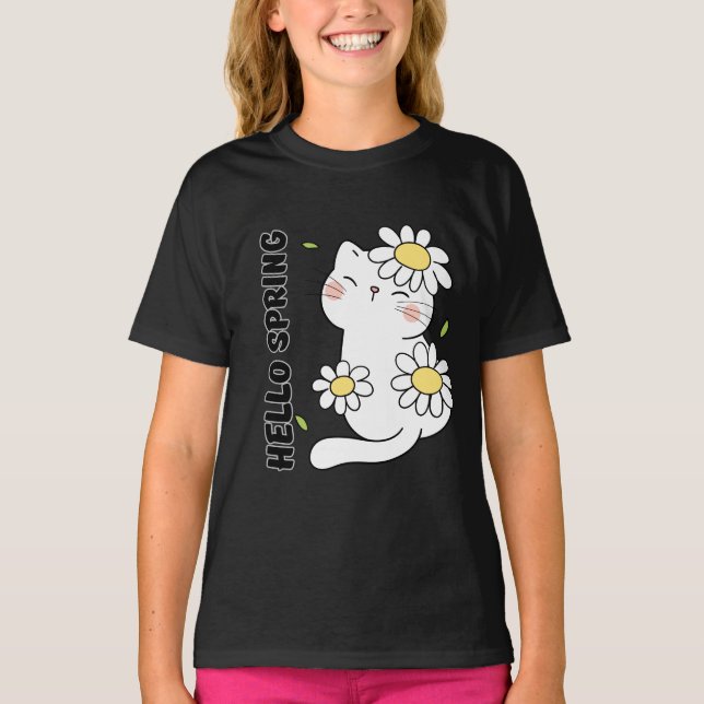 Camiseta Minimalist Aesthetic Hello Spring Cat & Daisy  (Anverso)
