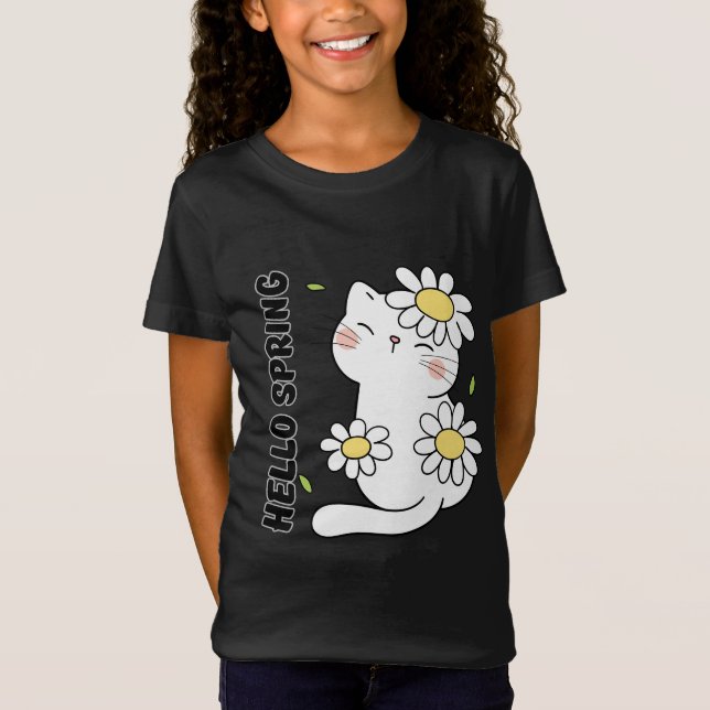Camiseta Minimalist Aesthetic Hello Spring Cat & Daisy  (Anverso)