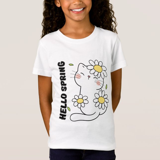 Camiseta Minimalist Aesthetic Hello Spring Cat & Daisy  (Anverso)