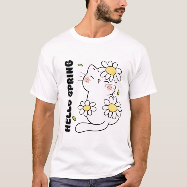 Camiseta Minimalist Aesthetic Hello Spring Cat & Daisy  (Anverso)