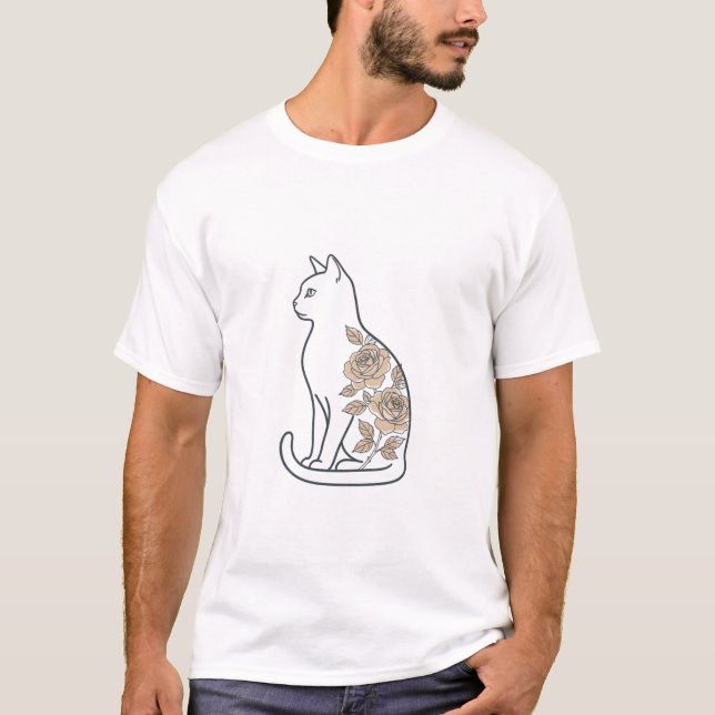 Camiseta Minimalist Cat & Rose Line Art T-Shirt (Anverso)