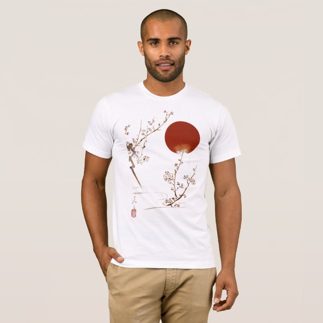 Camiseta Minimalist Zen Japanese Sun and Plum Branch Design (Anverso completo)