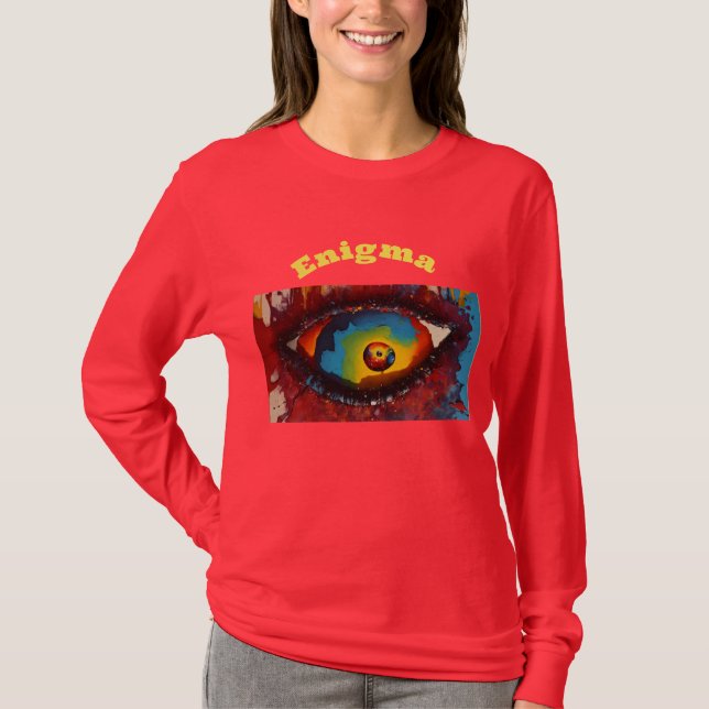 Camiseta "Mirada mística: Tee rojo de manga larga de las mu (Anverso)