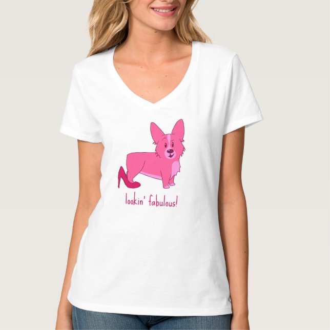 Camiseta "Mirando Fabuloso" Corgi Rosa Con Talones Altos (Anverso)