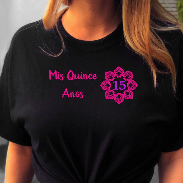 Camiseta Mis Quince Anos Flor Rosa Lace Quinceanera Negro (Quinceanera tee from my Mexican Fiesta Floral collection)