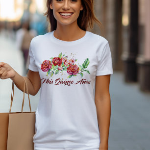 Camiseta Mis Quince Años Rosas Rojas Floral Quinceañera