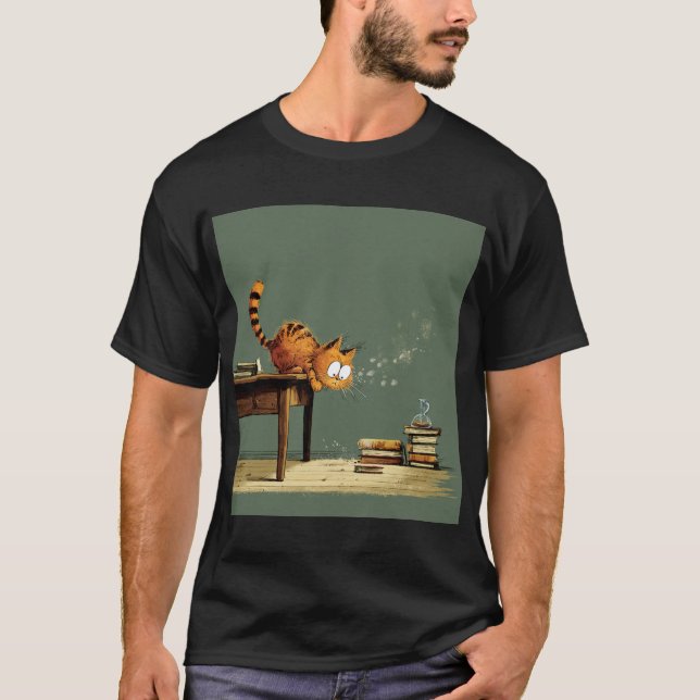 Camiseta Mischief Cat Knocking Books – Whimsical Illustrati (Anverso)