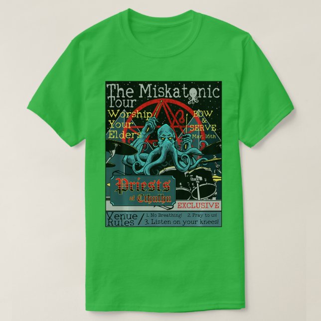 Camiseta Miskatonic nuestro Cthulhu Drummer Rock Concerror (Diseño del anverso)