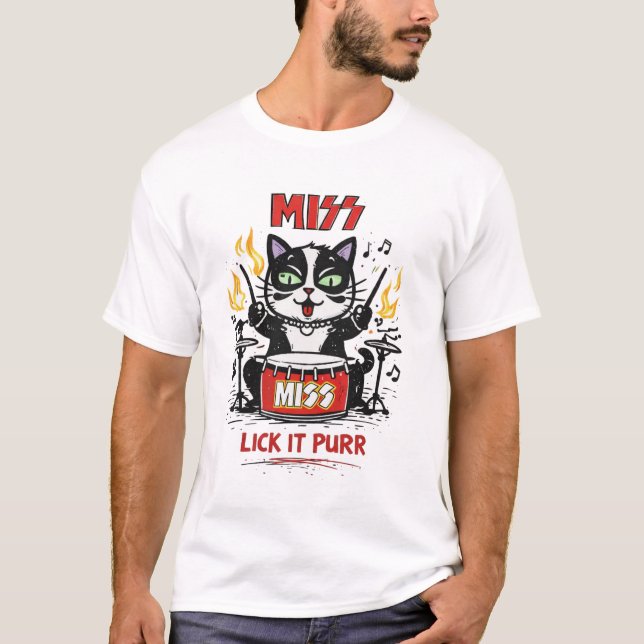 Camiseta MISS – Lick It Purr Drummer Cat Parody (Anverso)