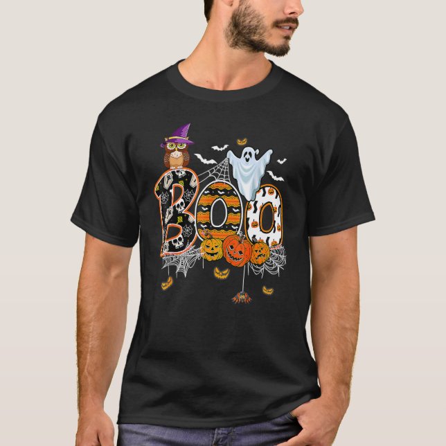 Camiseta Mochila de calabaza de búho fantasma de Halloween (Anverso)