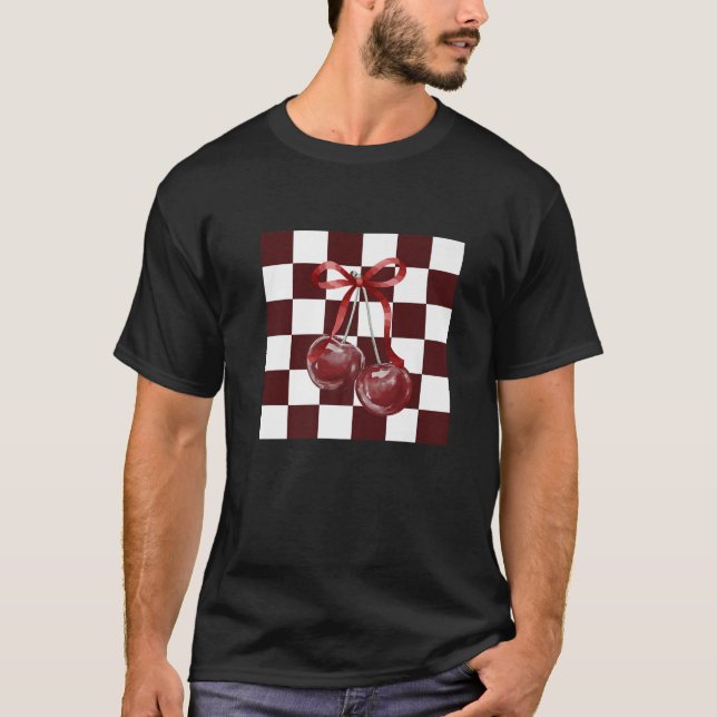 Camiseta Moda Burgundy Patrón de verificación Coqueta Bow O (Anverso)