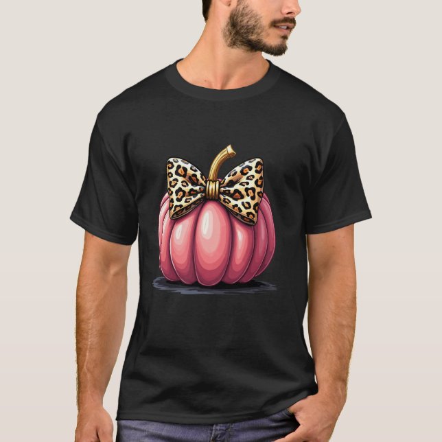 Camiseta Moda Calabaza rosa Coquette Leopard Bow Halloween  (Anverso)
